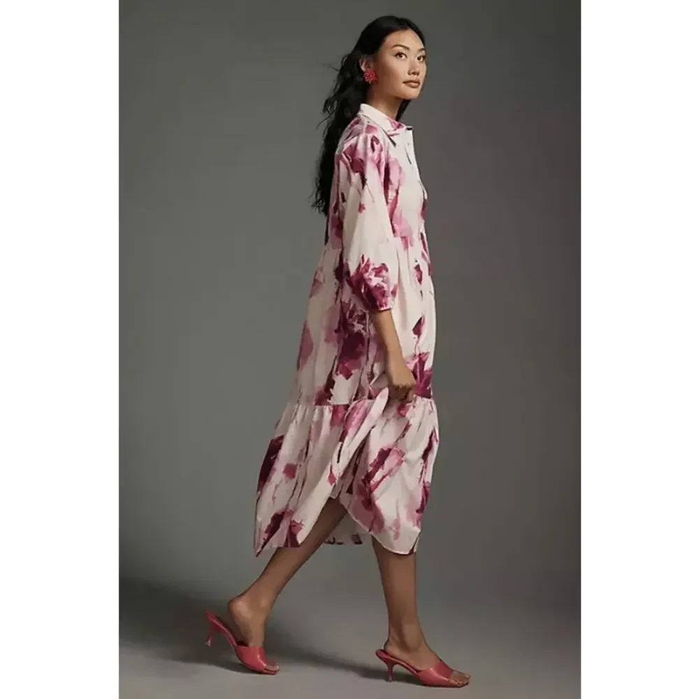 Anthropologie Maeve Bettina Dress Tiered Shirt Buttondown Watercolor Pink Small - Picture 2 of 13